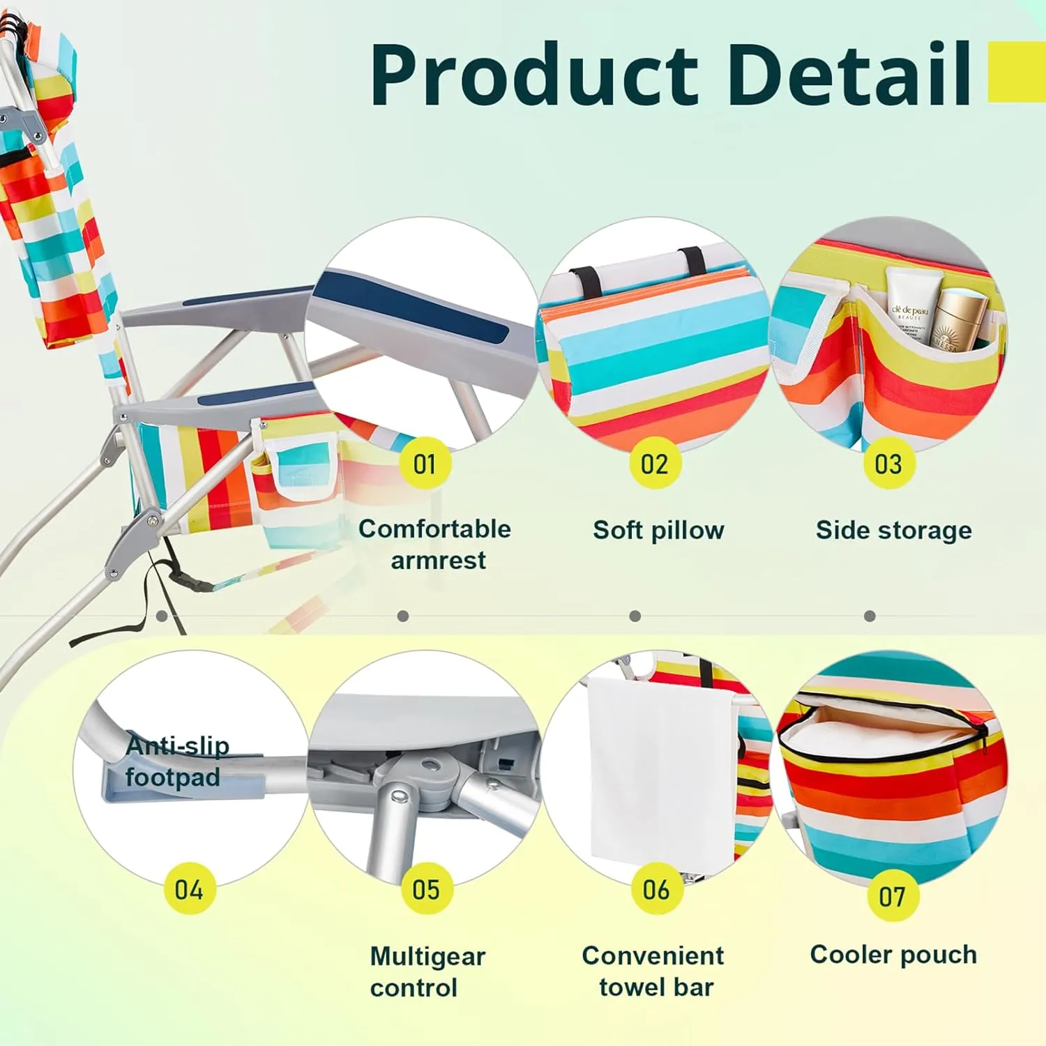 Beach Backpacking Chair Foldable Camping Chairs for Adults,5 Positions Reclining Hiking Chair w/Headrest and Cooler Pockets,Compact Chair for Camp,Fishing,Picnics, Sports,220lbs,Colorful Stripes