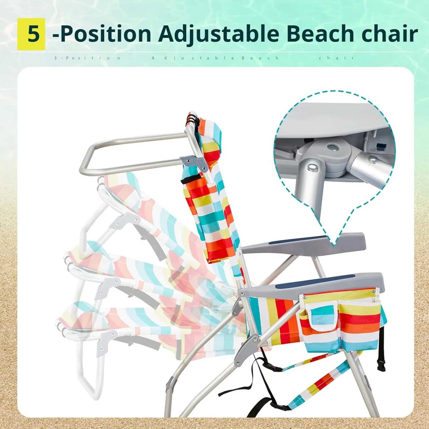 Beach Backpacking Chair Foldable Camping Chairs for Adults,5 Positions Reclining Hiking Chair w/Headrest and Cooler Pockets,Compact Chair for Camp,Fishing,Picnics, Sports,220lbs,Colorful Stripes