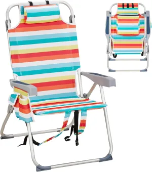 Beach Backpacking Chair Foldable Camping Chairs for Adults,5 Positions Reclining Hiking Chair w/Headrest and Cooler Pockets,Compact Chair for Camp,Fishing,Picnics, Sports,220lbs,Colorful Stripes