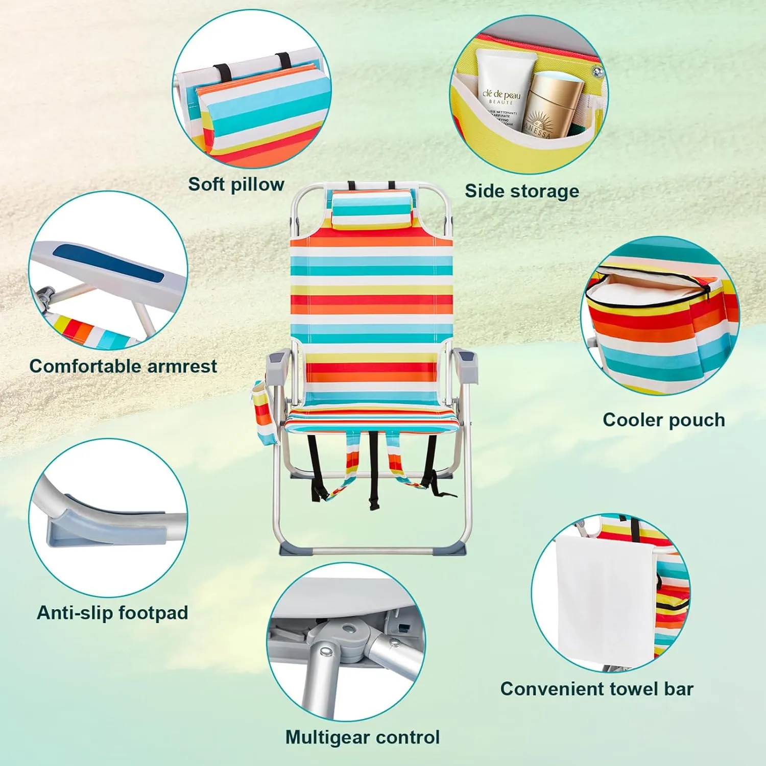 Beach Backpacking Chair Foldable Camping Chairs for Adults,5 Positions Reclining Hiking Chair w/Headrest and Cooler Pockets,Compact Chair for Camp,Fishing,Picnics, Sports,220lbs,Colorful Stripes