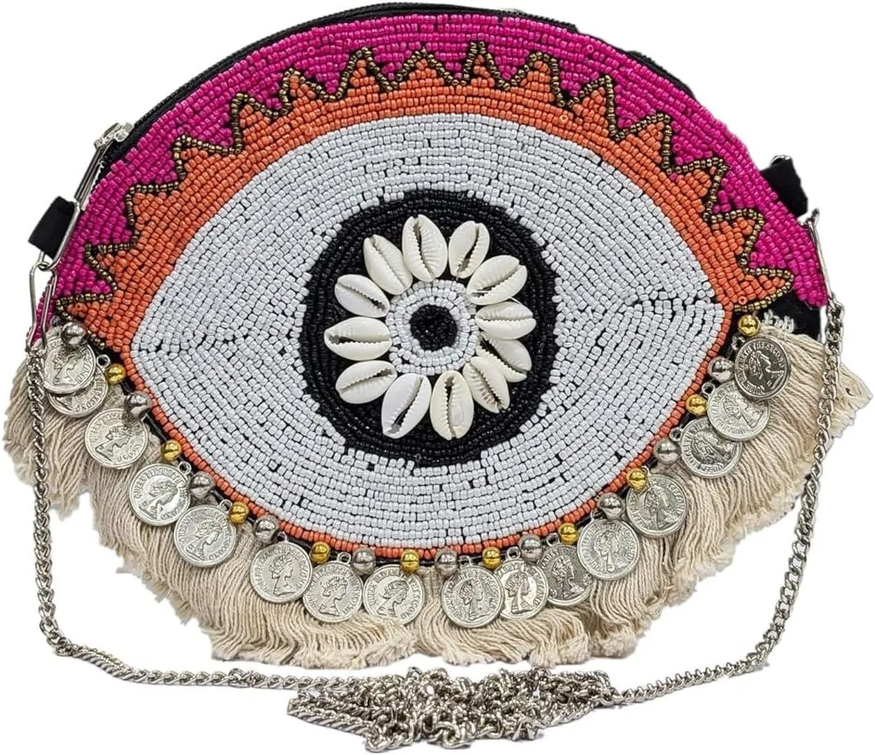 Beaded Evil Eye Crossbody Bag – Boho Purse with Cowrie Shells & Coins | White & Pink Handmade Festival Sling Bag for Women, Embroidered Tribal Shoulder Purse