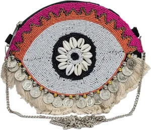 Beaded Evil Eye Crossbody Bag – Boho Purse with Cowrie Shells & Coins | White & Pink Handmade Festival Sling Bag for Women, Embroidered Tribal Shoulder Purse