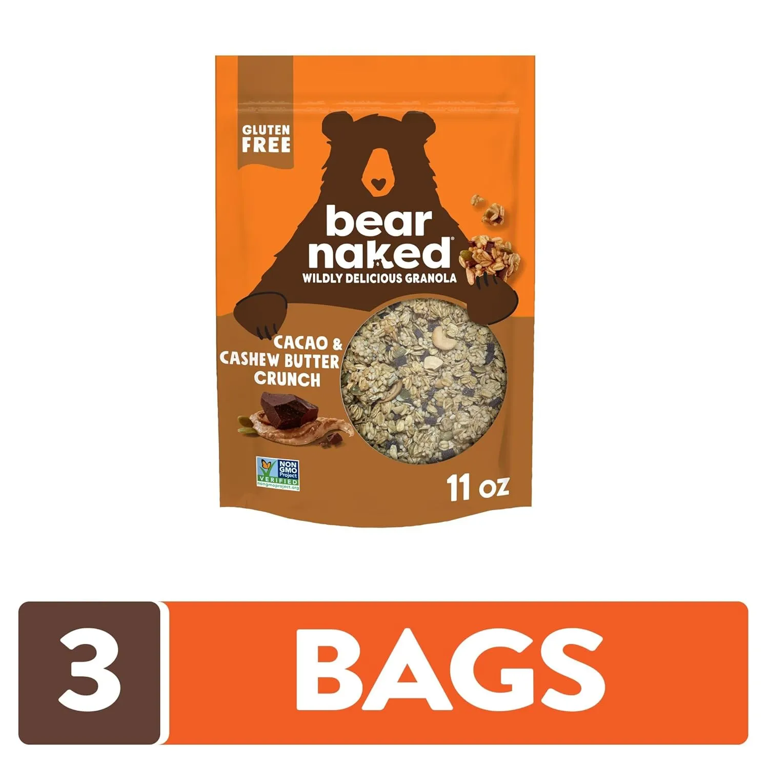 Bear Naked Granola Cereal, Whole Grain Granola, Breakfast Snacks, Cacao and Cashew Butter Crunch (3 Bags)