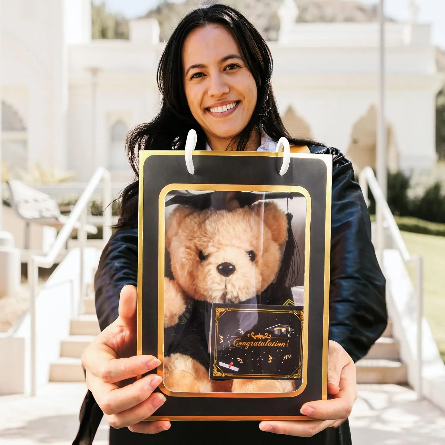 Bear with Graduation Cap Toys Class of 2025 Plush Stuffed Teddy Bear Animal Dog Cap and Gown with Greeting Card and Bag for Graduation Day Gift(Black)