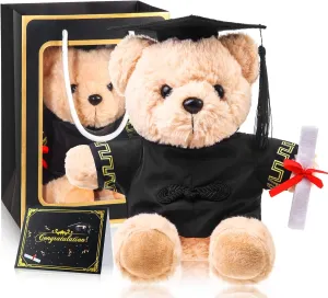 Bear with Graduation Cap Toys Class of 2025 Plush Stuffed Teddy Bear Animal Dog Cap and Gown with Greeting Card and Bag for Graduation Day Gift(Black)