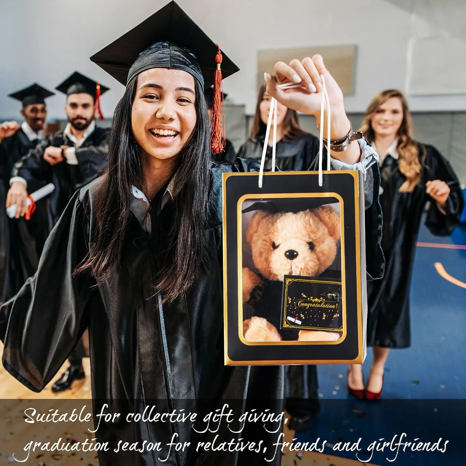 Bear with Graduation Cap Toys Class of 2025 Plush Stuffed Teddy Bear Animal Dog Cap and Gown with Greeting Card and Bag for Graduation Day Gift(Black)
