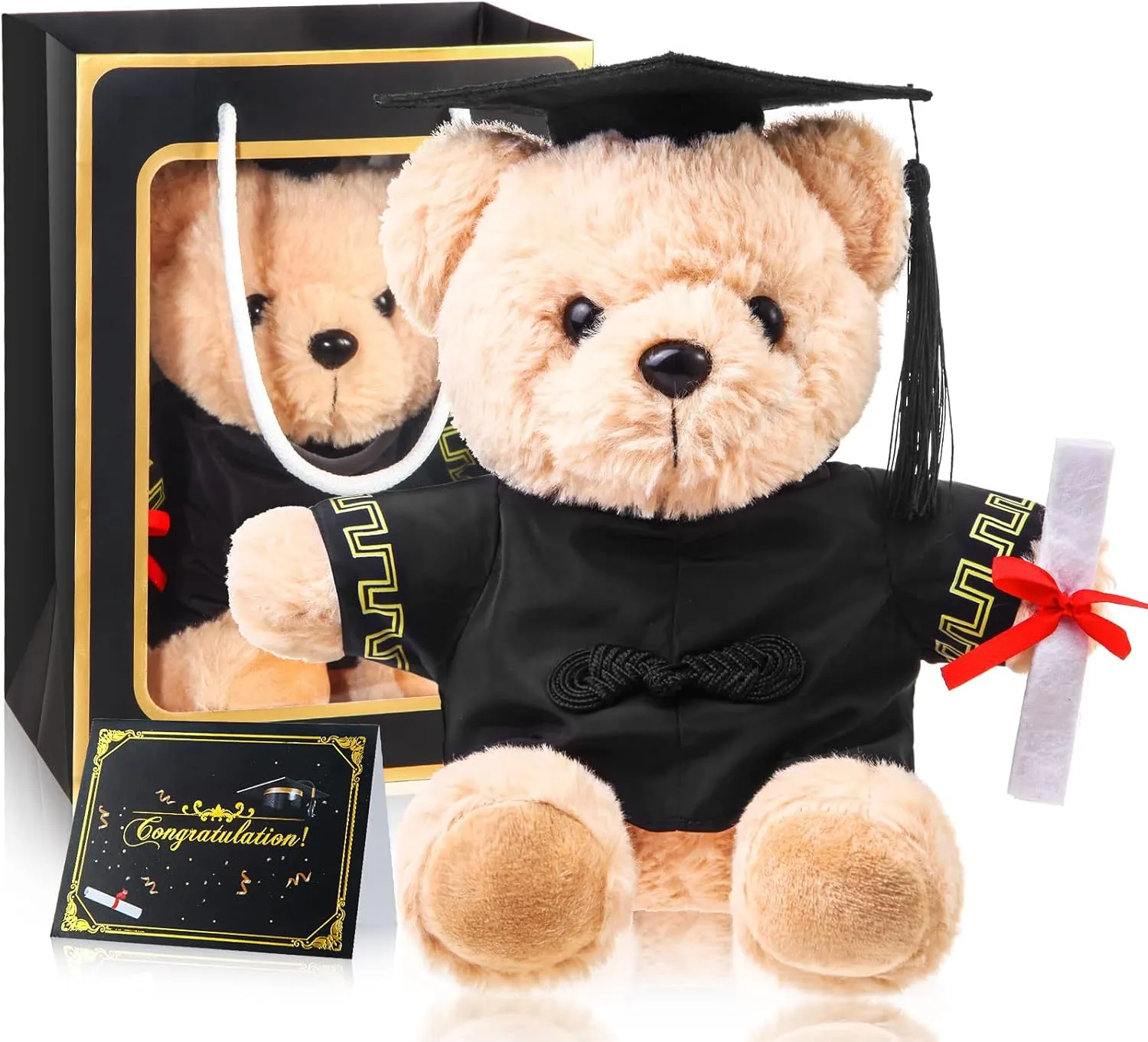 Bear with Graduation Cap Toys Class of 2025 Plush Stuffed Teddy Bear Animal Dog Cap and Gown with Greeting Card and Bag for Graduation Day Gift(Black)