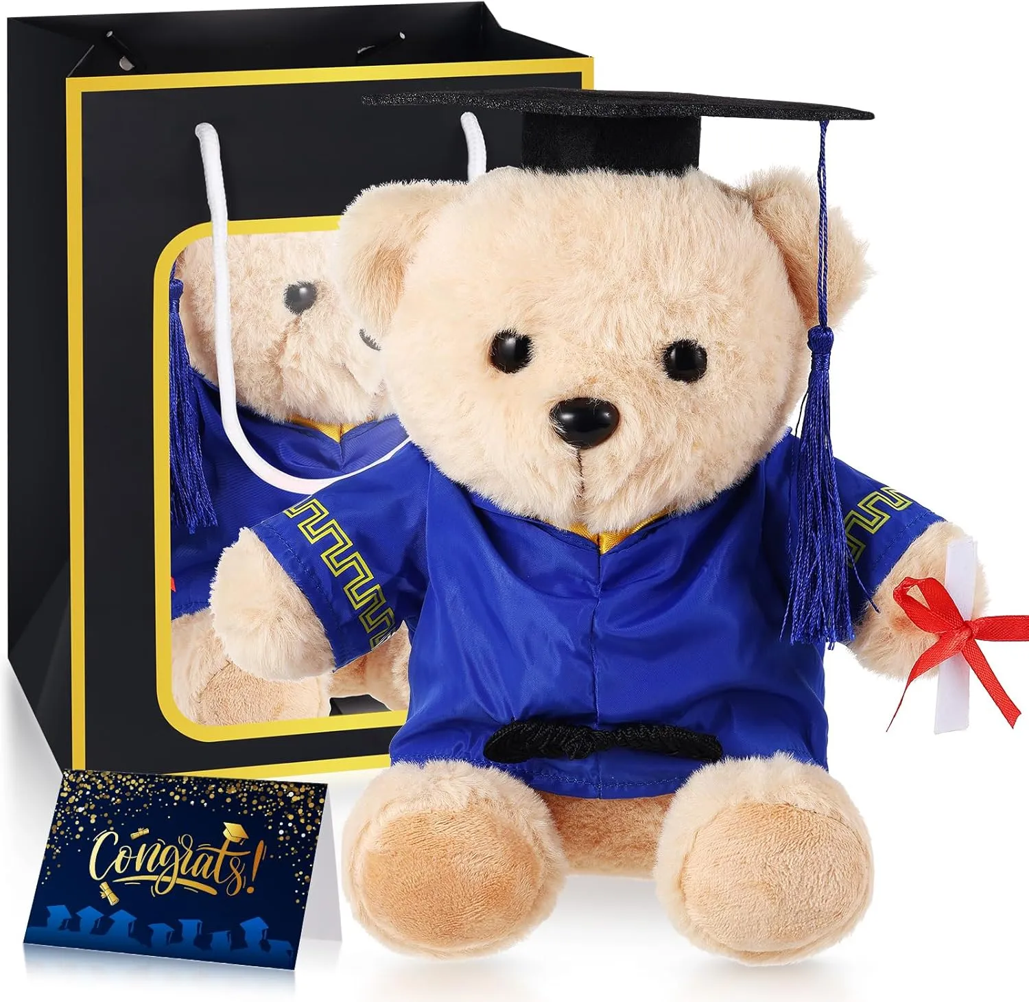 Bear with Graduation Cap Toys Class of 2025 Plush Stuffed Teddy Bear Animal Dog Cap and Gown with Greeting Card and Bag for Graduation Day Gift(Blue Graduation Bear)