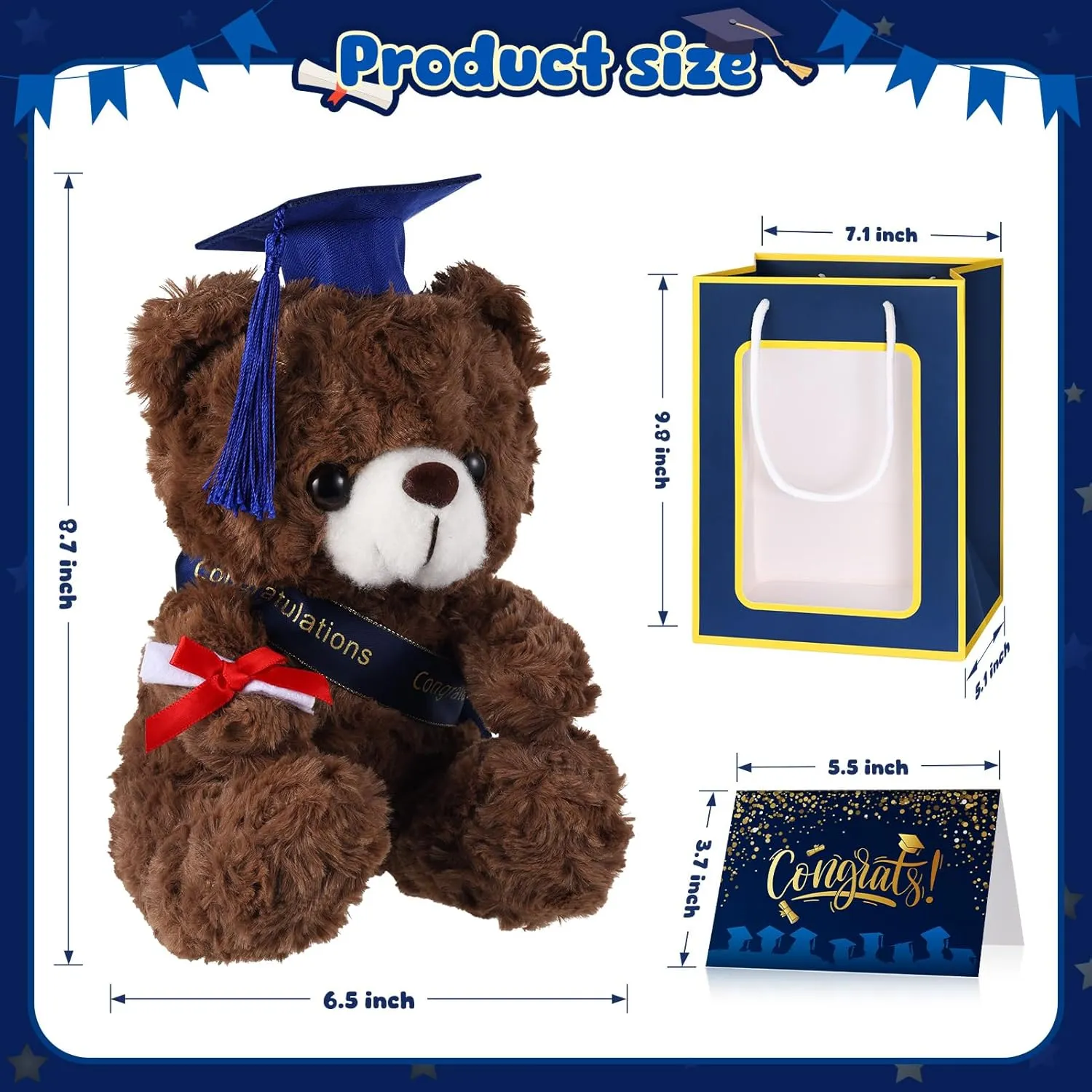 Bear with Graduation Cap Toys Class of 2025 Plush Stuffed Teddy Bear Animal Dog Cap and Gown with Greeting Card and Bag for Graduation Day Gift(Royal Blue B)