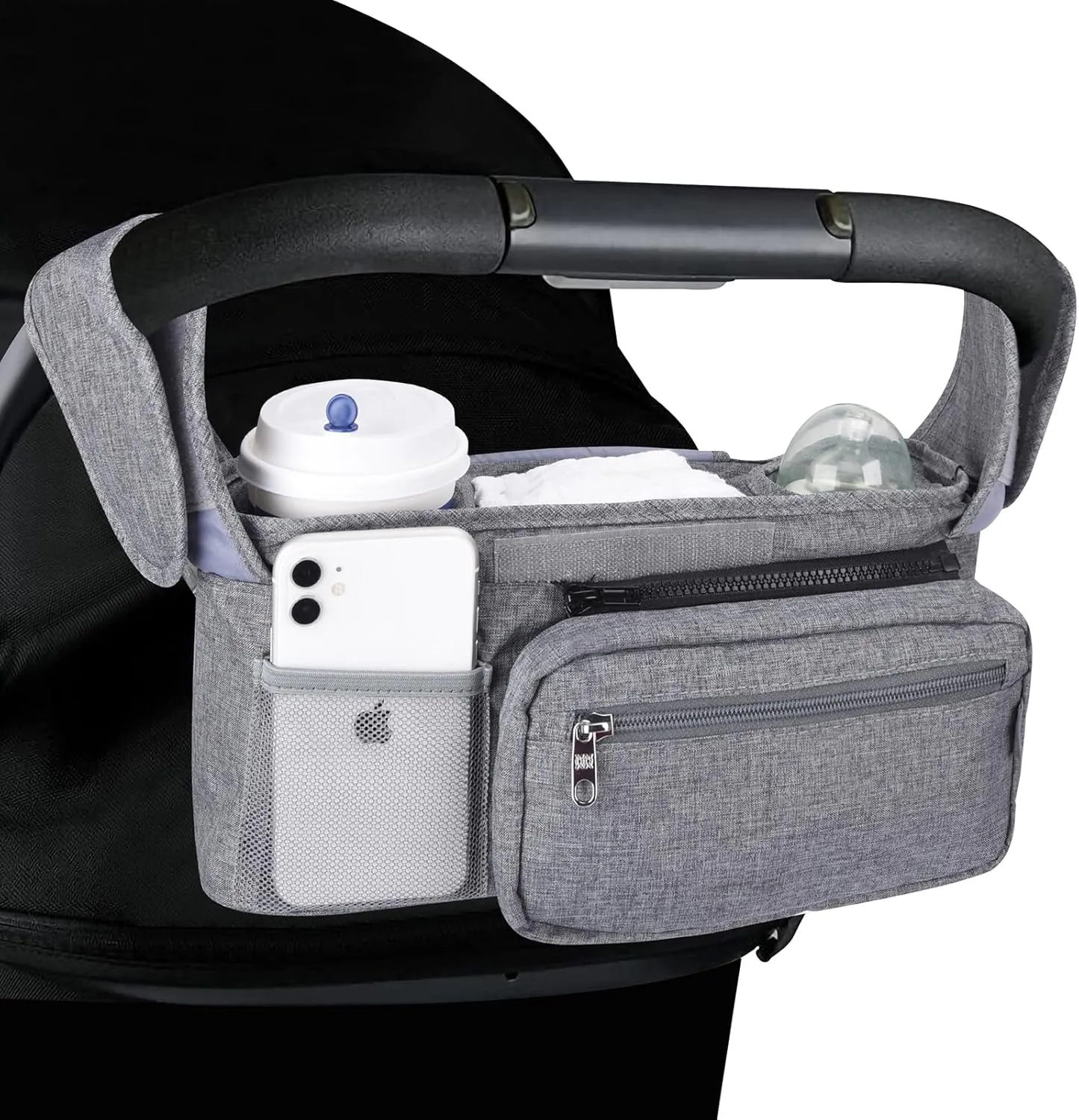 Bebamour Stroller Organizer with Insulated Cup Holder Detachable Phone Bag & Shoulder Strap, Fits for ALL Baby Stroller (Grey)