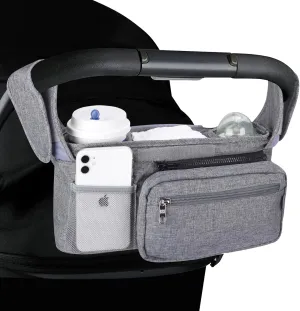 Bebamour Stroller Organizer with Insulated Cup Holder Detachable Phone Bag & Shoulder Strap, Fits for ALL Baby Stroller (Grey)