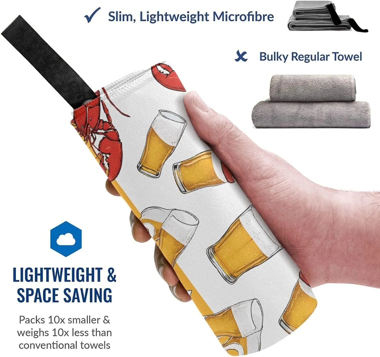 Beer and Crawfish Pattern Premium Compact Microfiber Travel Towel-Featherlight & Quick Dry,Sand-Resistant Beach Towel for Swimming,Camping,Vacation Essentials with Carry Pouch
