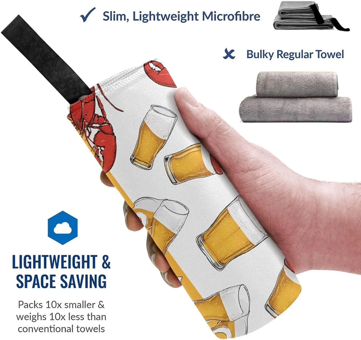 Beer and Crawfish Pattern Premium Compact Microfiber Travel Towel-Featherlight & Quick Dry,Sand-Resistant Beach Towel for Swimming,Camping,Vacation Essentials with Carry Pouch