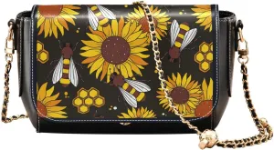 Bees Happy Good Luck Honeycombs Gold Sunflower Floral Small Purse Crossbody Women Leather Side Bags with Credit Card Slots Small Purses