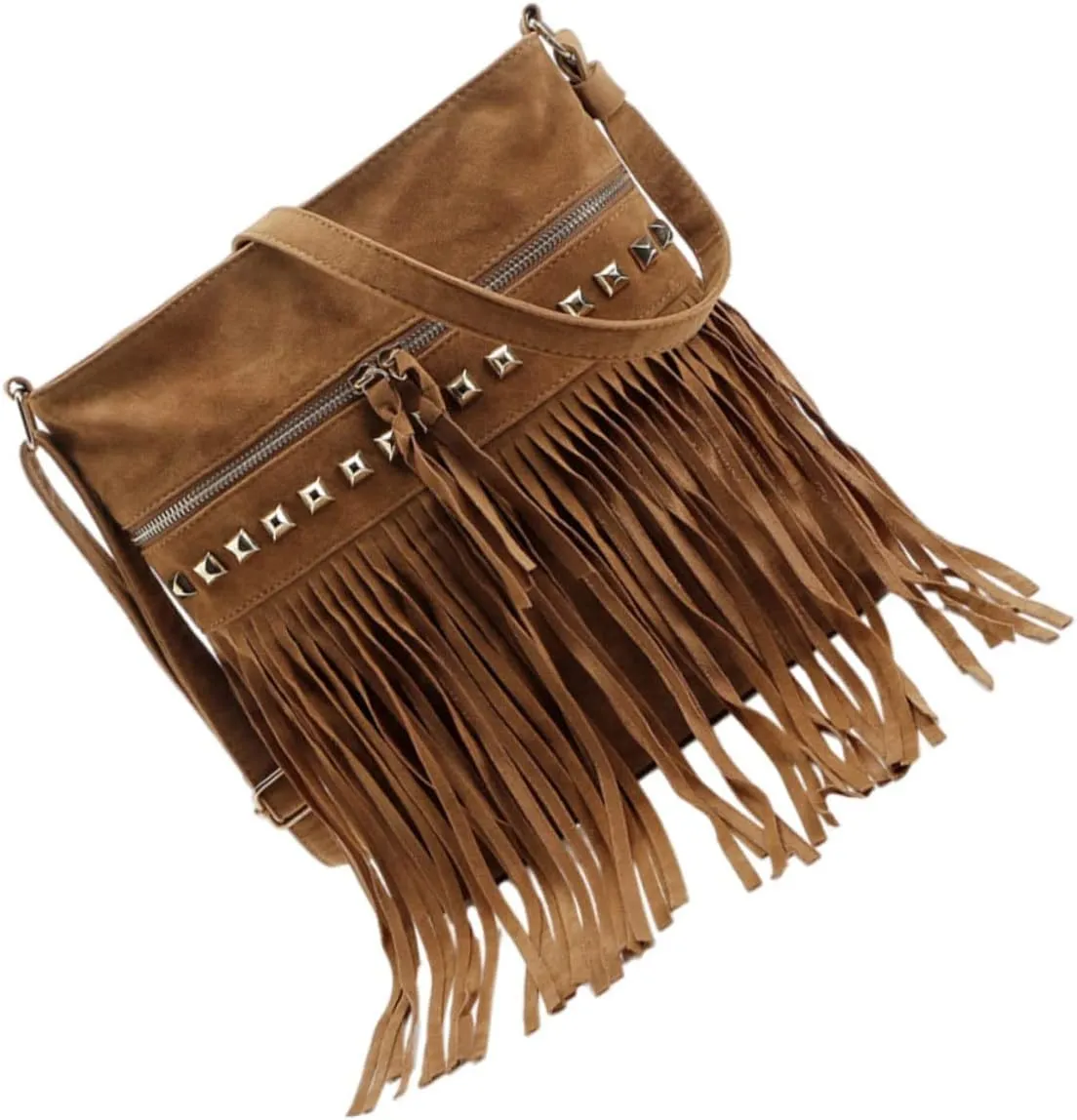 BESPORTBLE Elegant Lady Shoulder Bag Tassel Rivet Design Lightweight Velvet Zipper Bag for Daily Travel