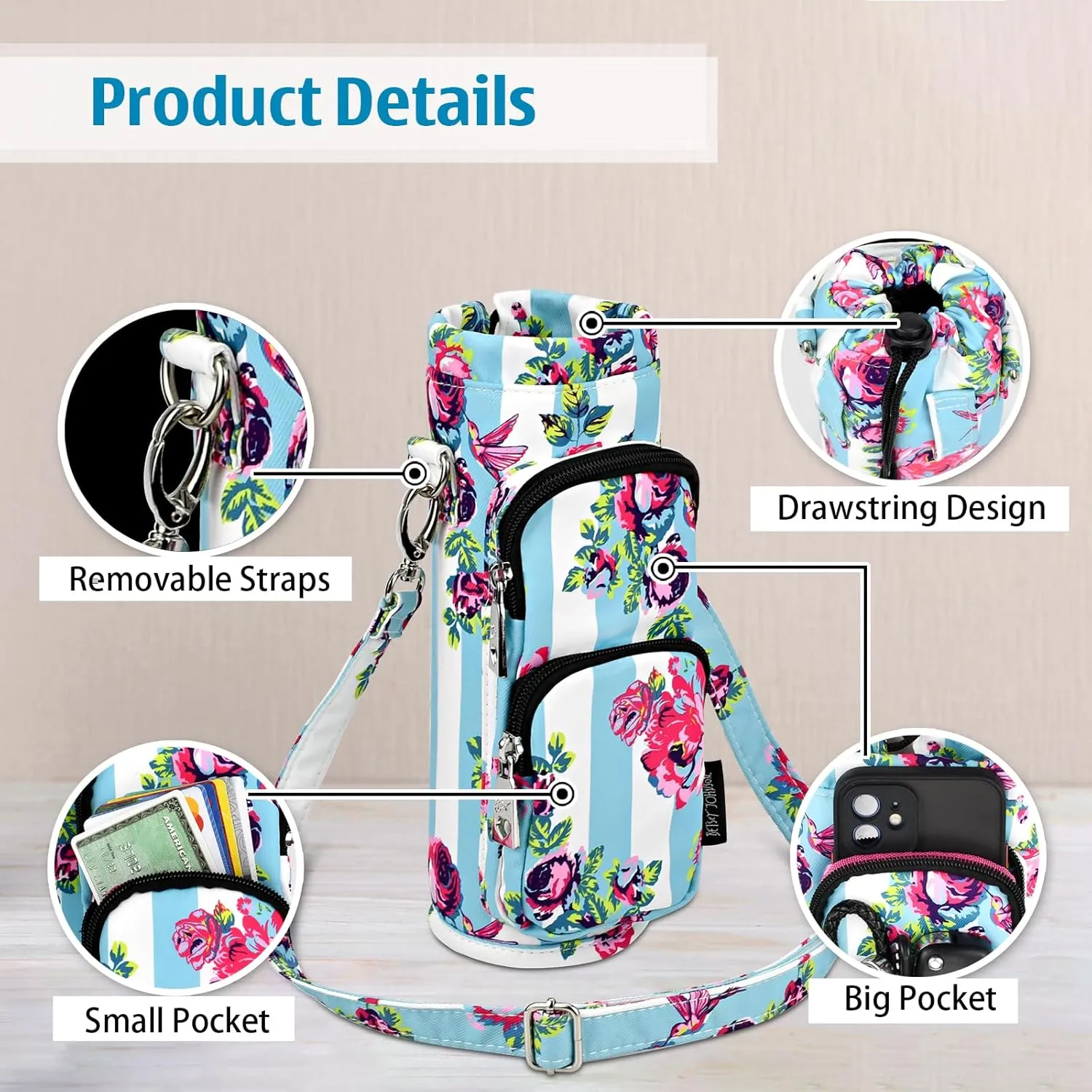 Betsey Johnson Insulated Water Bottle Pouch Holder Carrier Crossbag with Adjustable Shoulder Strap - Lightweight Polyester Accessories with Pockets Good for Hiking Sports
