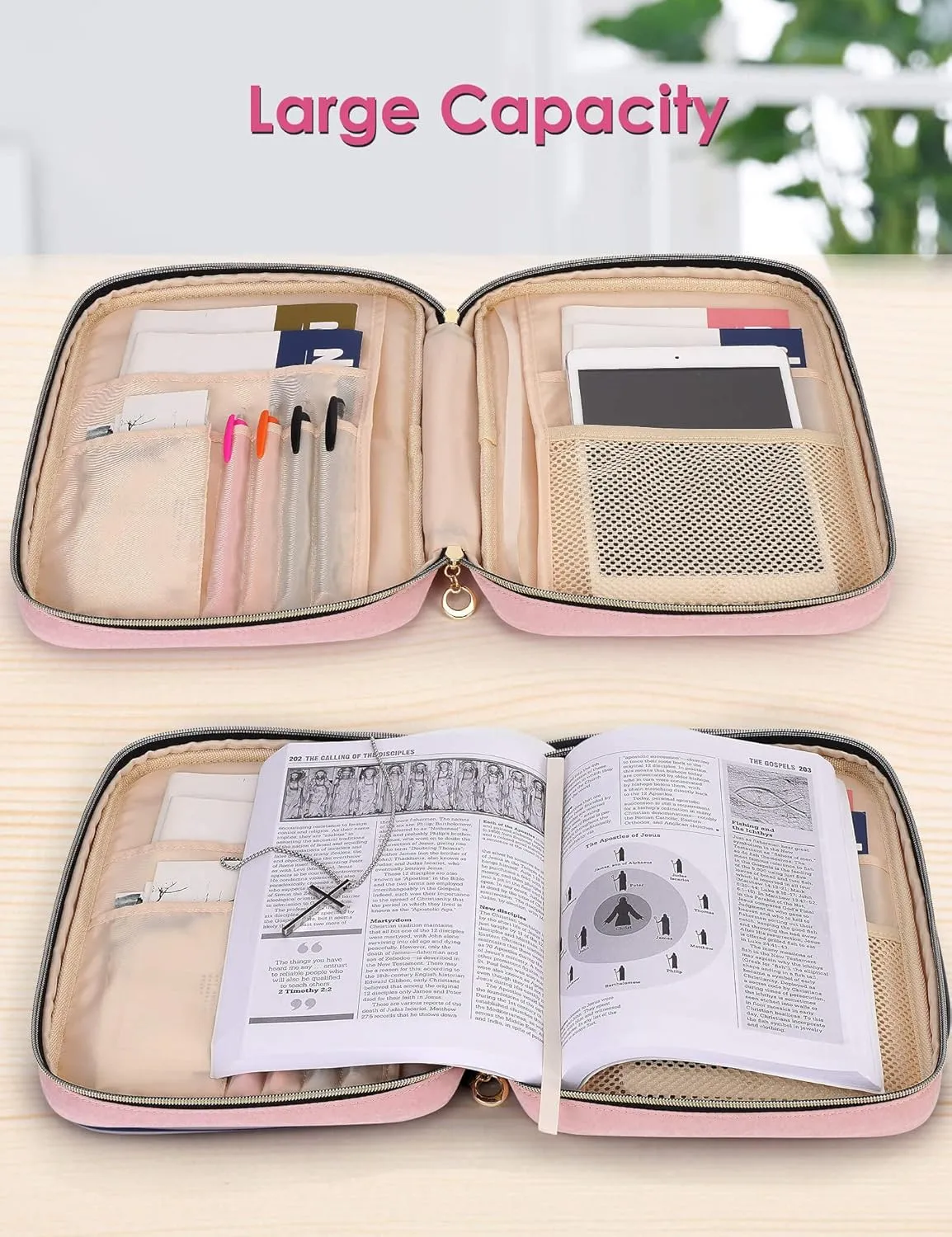 Bible Cover Case for Women, Bible Study Supplies, Bible Journaling Kit, 6 No Bleed Bible Highlighters and Pens, 75 Bible Tabs, Large Size Zippered Bible Bags (Pink)
