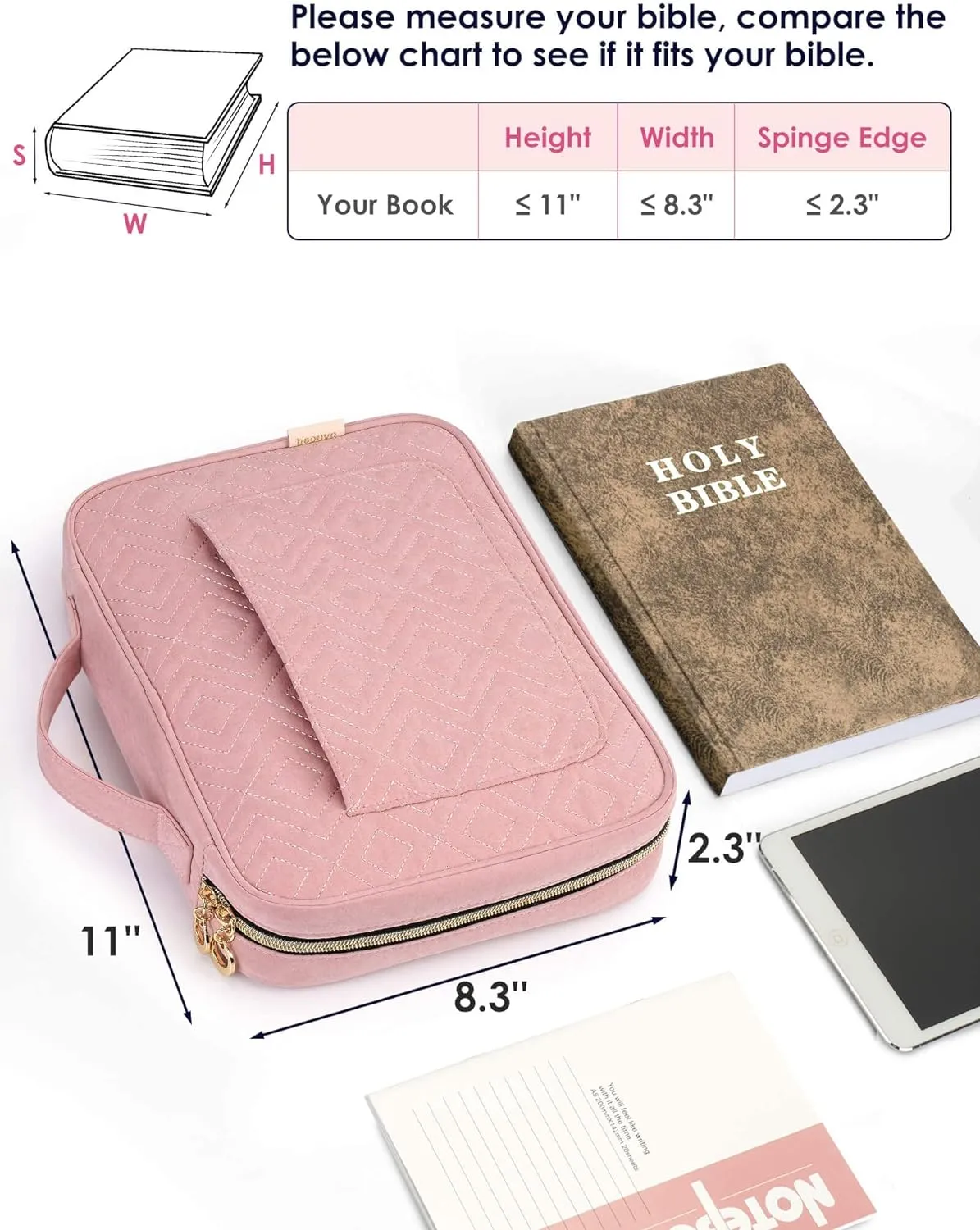 Bible Cover Case for Women, Bible Study Supplies, Bible Journaling Kit, 6 No Bleed Bible Highlighters and Pens, 75 Bible Tabs, Large Size Zippered Bible Bags (Pink)