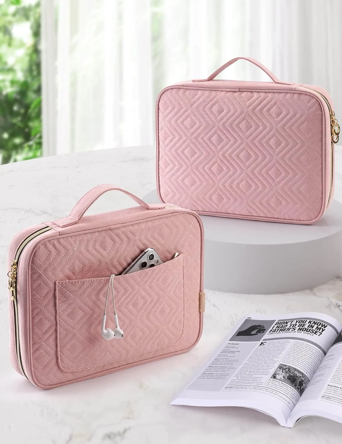 Bible Cover Case for Women, Bible Study Supplies, Bible Journaling Kit, 6 No Bleed Bible Highlighters and Pens, 75 Bible Tabs, Large Size Zippered Bible Bags (Pink)