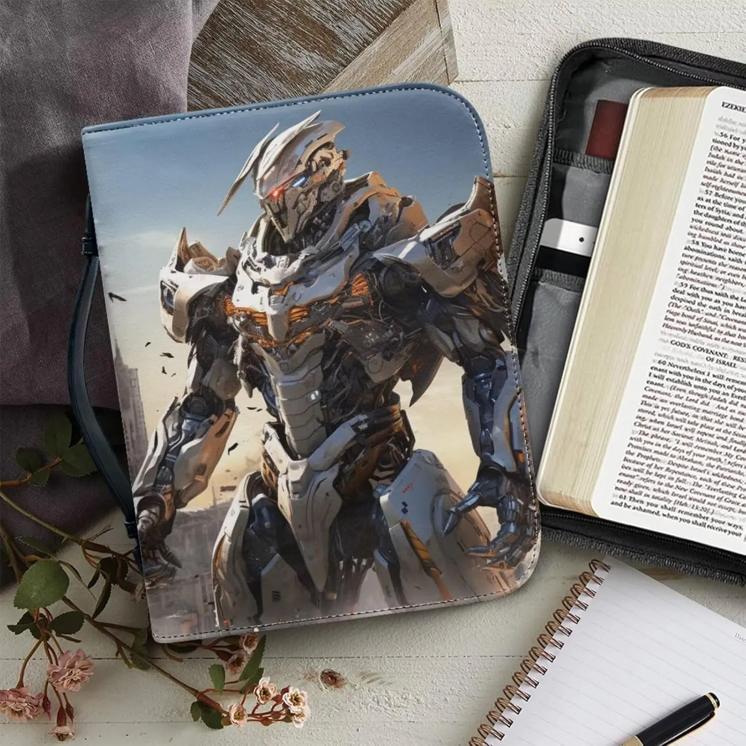 Bible Covers for Boys Kids PU Leather Bible Study Bag Bible Protective Bible Carrying Case Carrier Crossbody Bag Bible Hand Bag Bible Accessories,Robot Soldier,XL