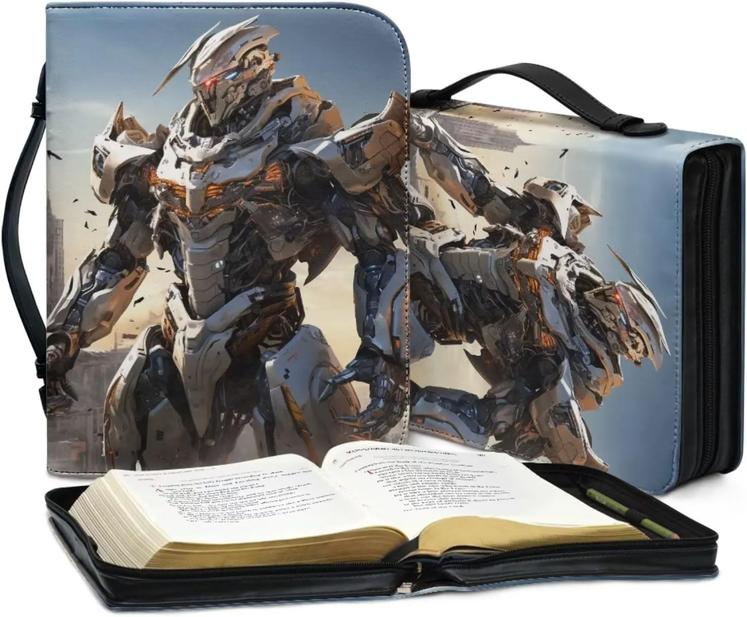 Bible Covers for Boys Kids PU Leather Bible Study Bag Bible Protective Bible Carrying Case Carrier Crossbody Bag Bible Hand Bag Bible Accessories,Robot Soldier,XL