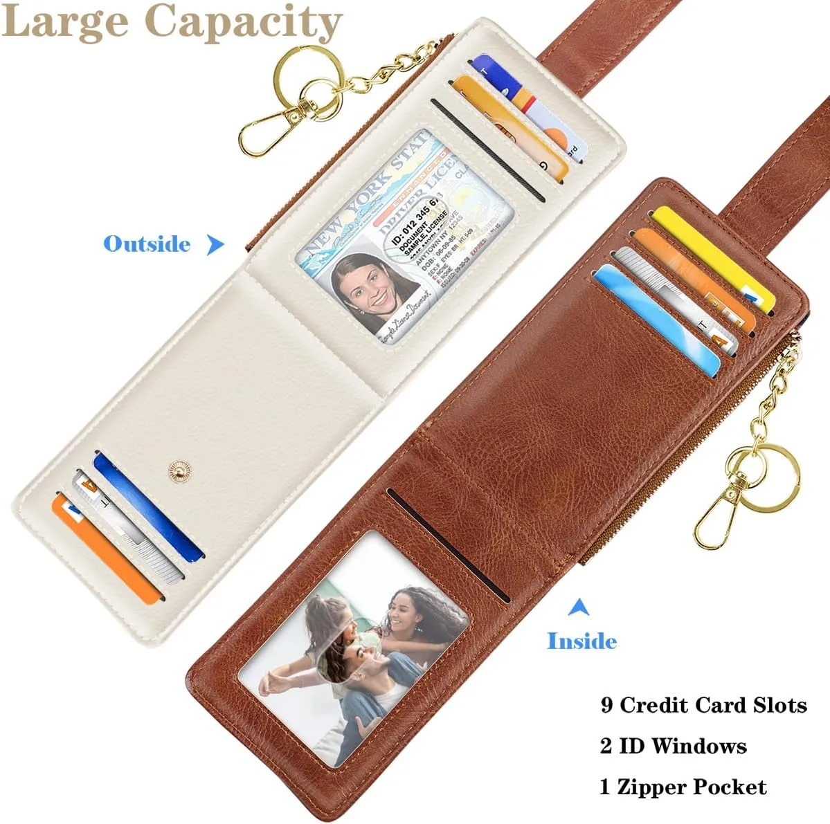 Bifold Wallet RFID Credit Card Wallet Card Holder for Women or Men with Keychain Zipper Pocket,Cream