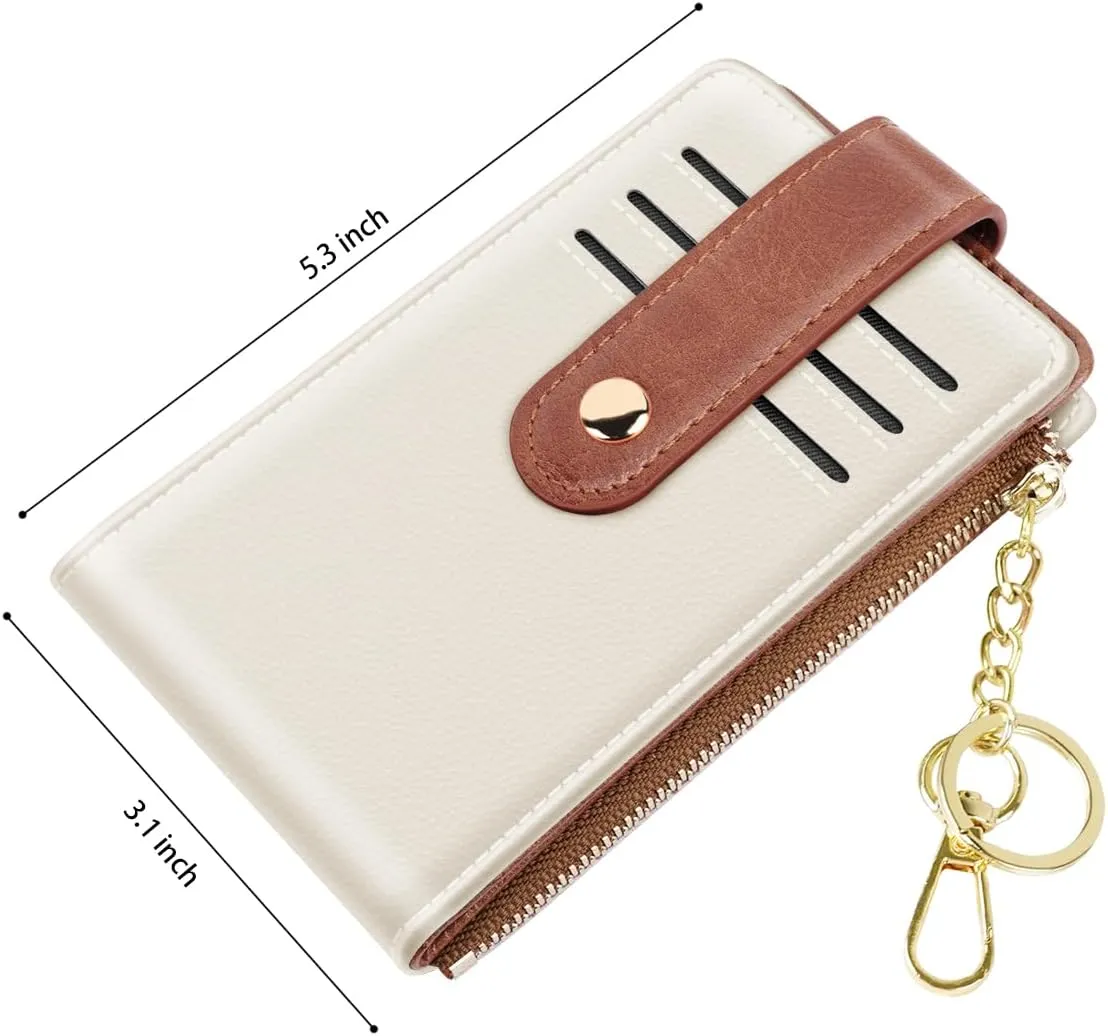 Bifold Wallet RFID Credit Card Wallet Card Holder for Women or Men with Keychain Zipper Pocket,Cream