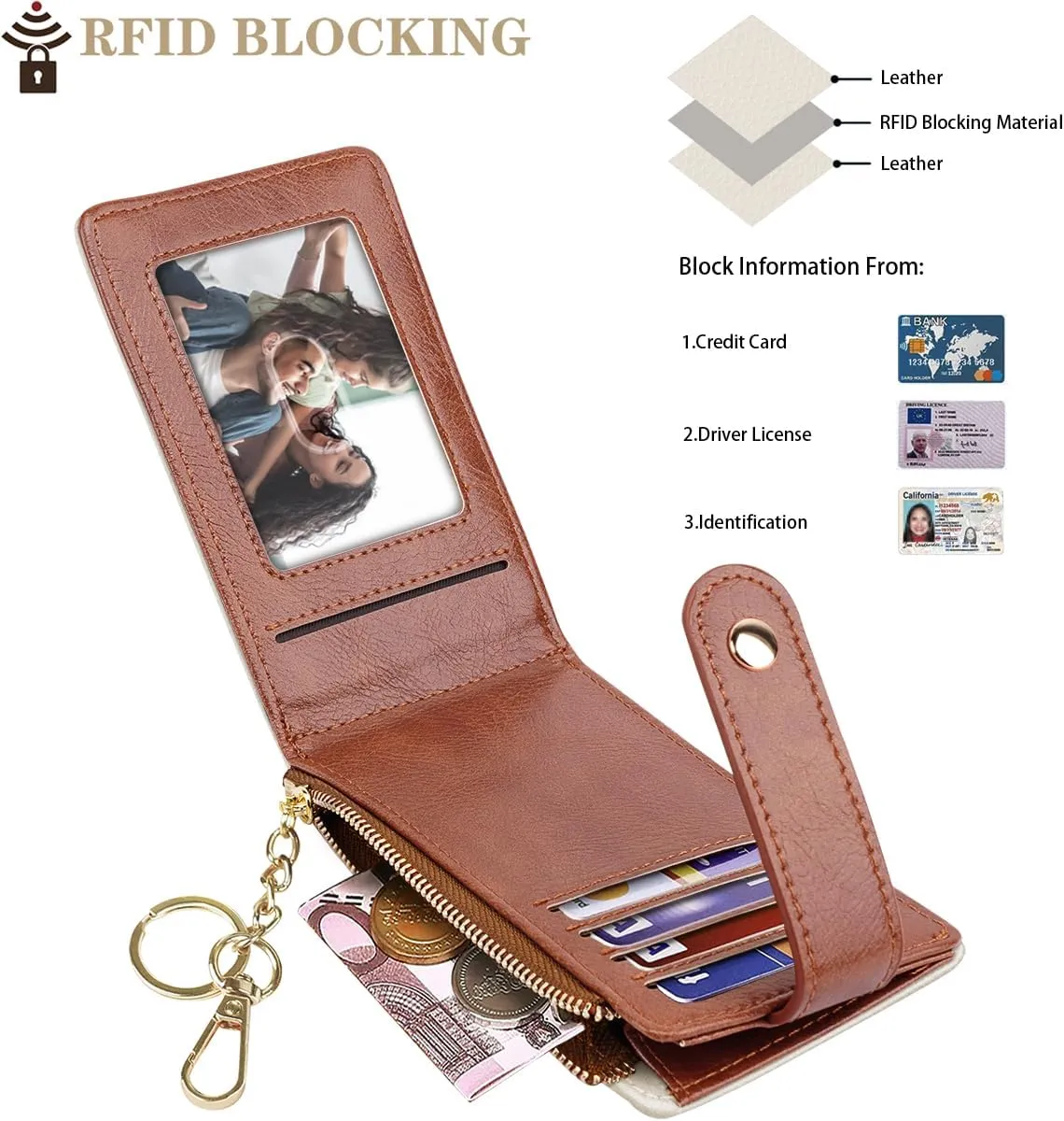 Bifold Wallet RFID Credit Card Wallet Card Holder for Women or Men with Keychain Zipper Pocket,Cream
