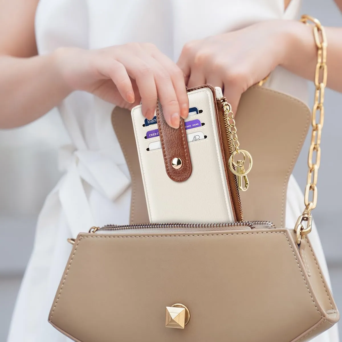 Bifold Wallet RFID Credit Card Wallet Card Holder for Women or Men with Keychain Zipper Pocket,Cream