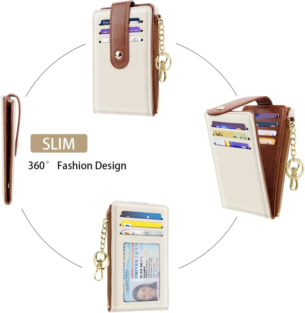Bifold Wallet RFID Credit Card Wallet Card Holder for Women or Men with Keychain Zipper Pocket,Cream