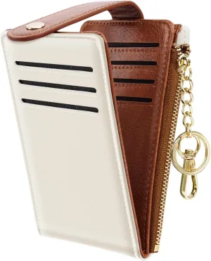 Bifold Wallet RFID Credit Card Wallet Card Holder for Women or Men with Keychain Zipper Pocket,Cream