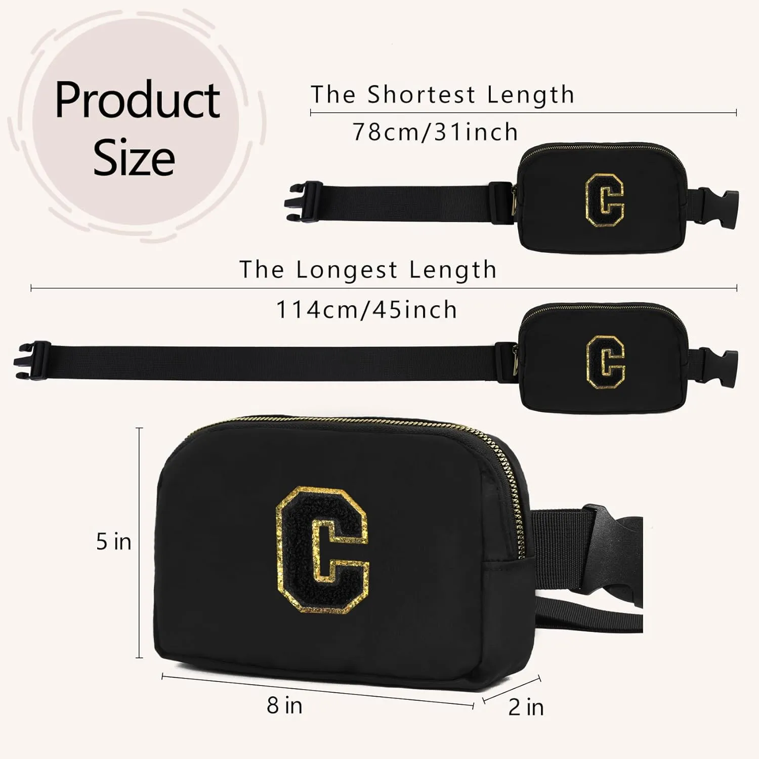 Birthday Gifts Christmas Personalized Gift for 4 5 6 7 8 9 10 11 12 13 14 Year old Girls Teen Sister Kid Initial Letter Fanny Pack Trendy Stuff Crossbody Bag Black Letter C