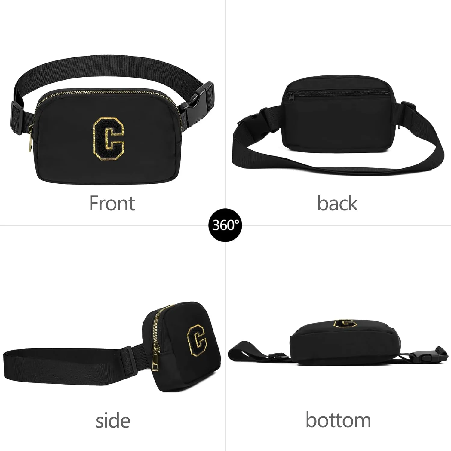 Birthday Gifts Christmas Personalized Gift for 4 5 6 7 8 9 10 11 12 13 14 Year old Girls Teen Sister Kid Initial Letter Fanny Pack Trendy Stuff Crossbody Bag Black Letter C