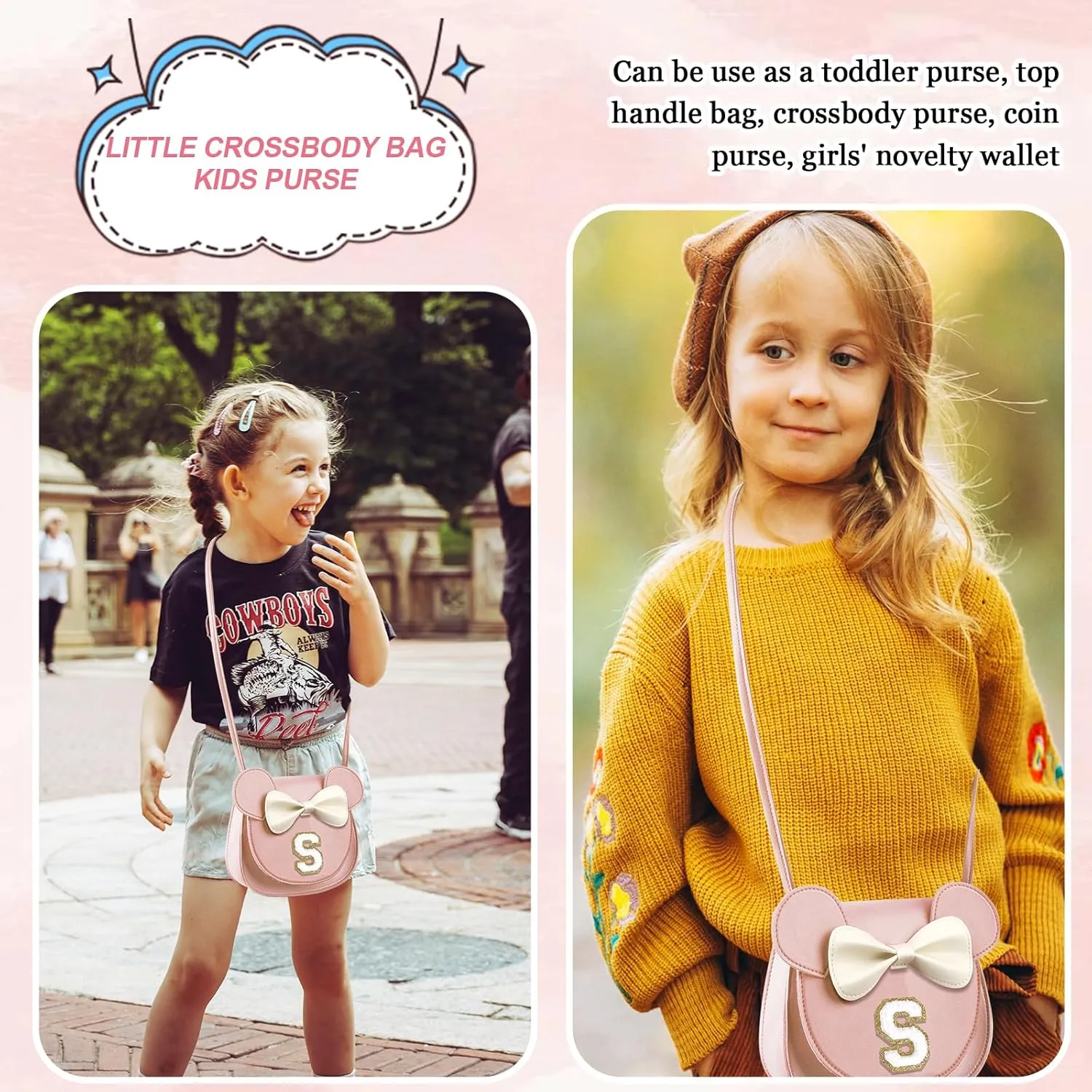 Birthday Gifts for 2 3 4 5 6 7 8 9 10 Year Old Girls, Toddler Kids Purse Little Girl Mouse Ear Bow Personalized Initial Purse