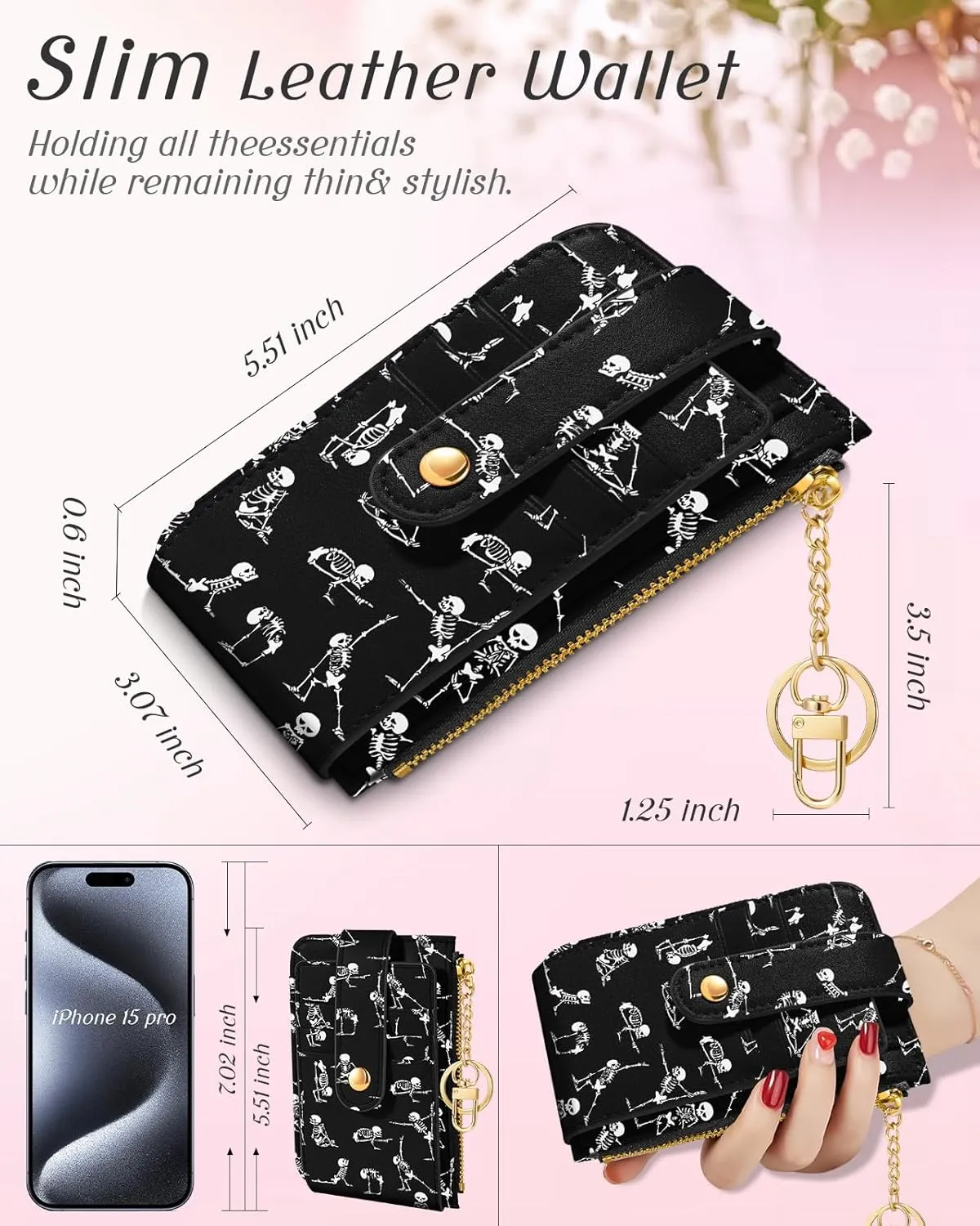 Bistup Credit Card Holder Wallet for Women Cute Small for Ladies Teen Girls Female Rfid Black Skeleton Leather Cardholder Wallets Organizer Purse Funny Girly Aesthetic Print Unique Zipper