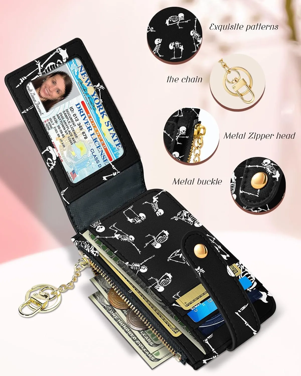 Bistup Credit Card Holder Wallet for Women Cute Small for Ladies Teen Girls Female Rfid Black Skeleton Leather Cardholder Wallets Organizer Purse Funny Girly Aesthetic Print Unique Zipper