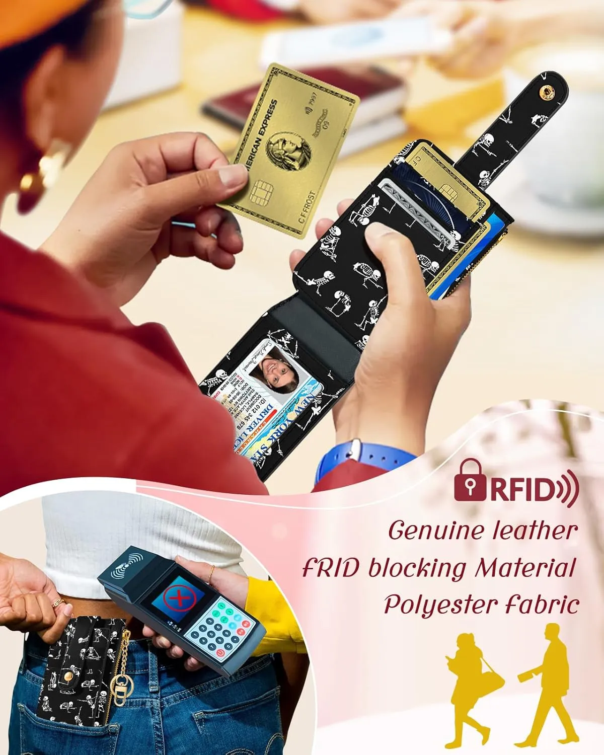 Bistup Credit Card Holder Wallet for Women Cute Small for Ladies Teen Girls Female Rfid Black Skeleton Leather Cardholder Wallets Organizer Purse Funny Girly Aesthetic Print Unique Zipper