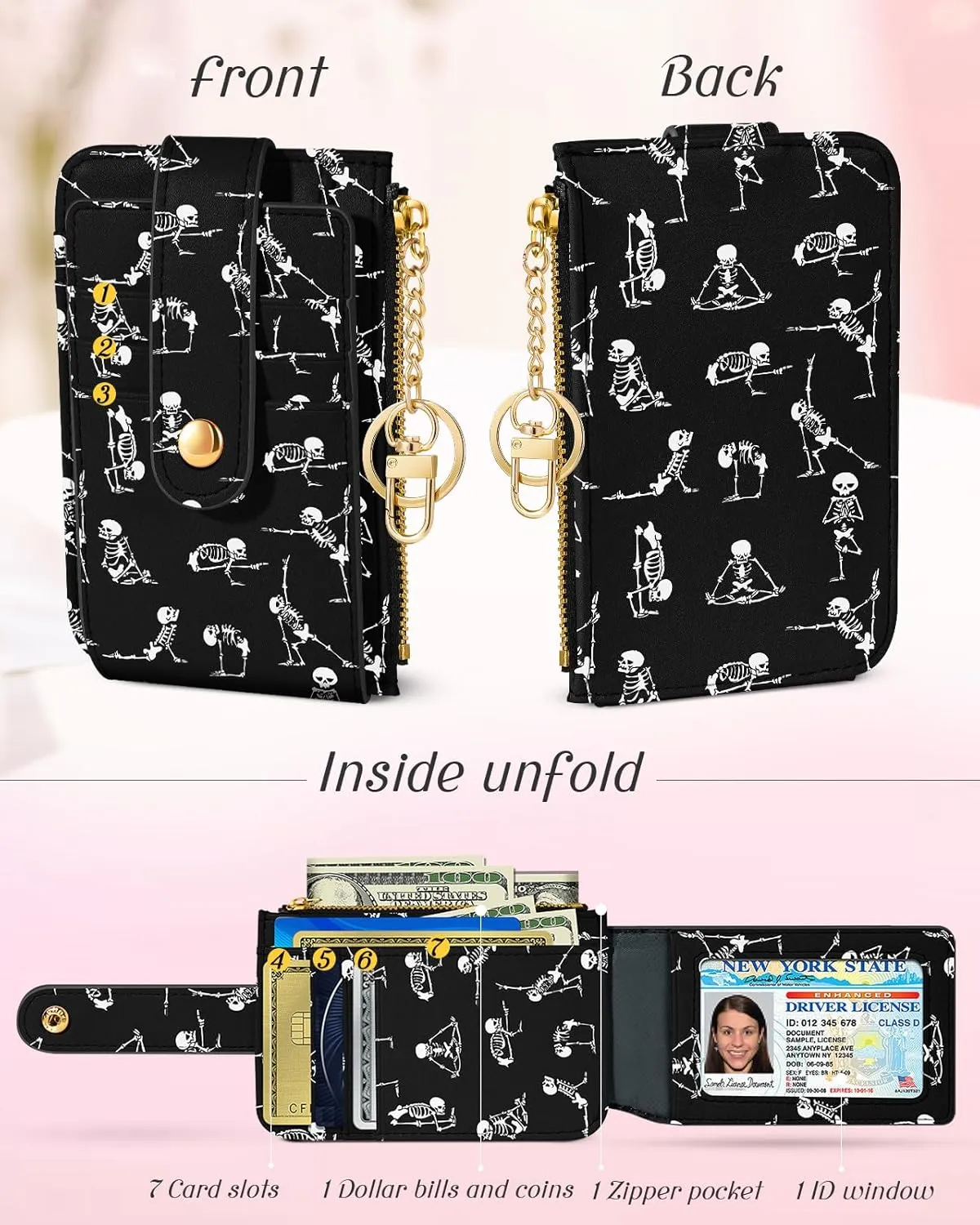 Bistup Credit Card Holder Wallet for Women Cute Small for Ladies Teen Girls Female Rfid Black Skeleton Leather Cardholder Wallets Organizer Purse Funny Girly Aesthetic Print Unique Zipper