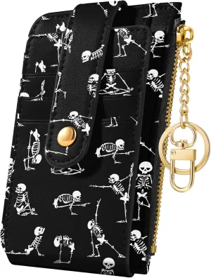 Bistup Credit Card Holder Wallet for Women Cute Small for Ladies Teen Girls Female Rfid Black Skeleton Leather Cardholder Wallets Organizer Purse Funny Girly Aesthetic Print Unique Zipper