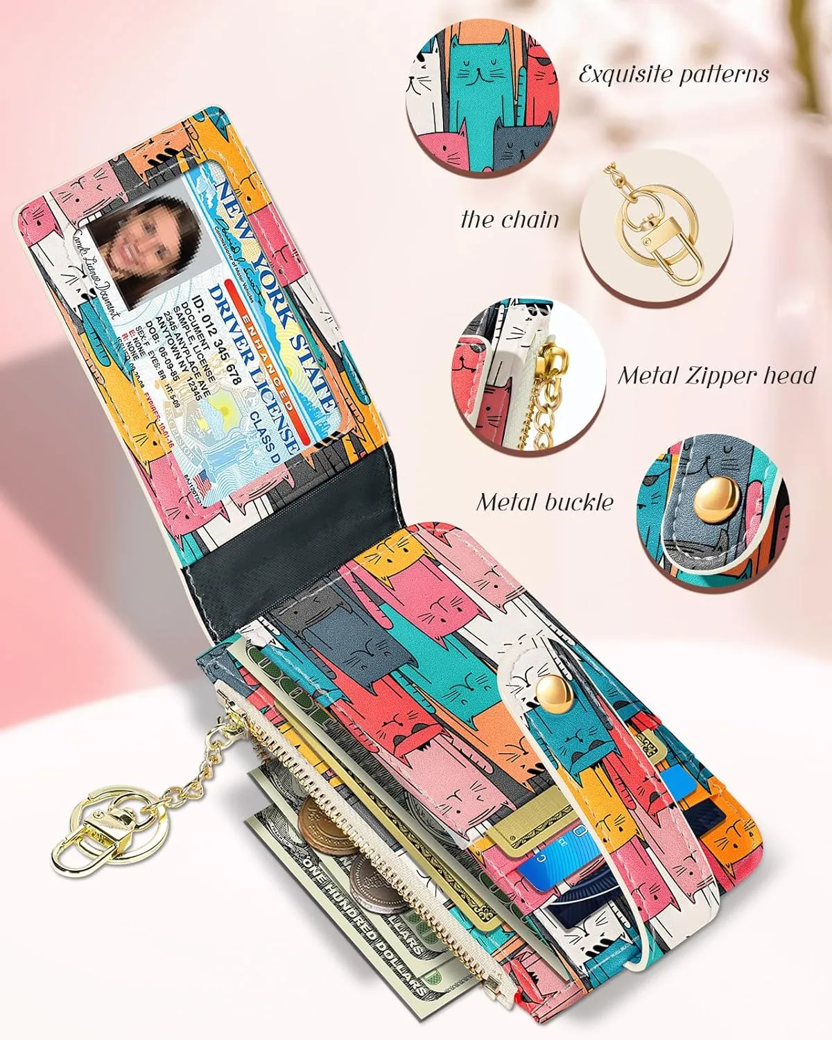 Bistup Credit Card Holder Wallet for Women Cute Small for Ladies Teen Girls Female Rfid Cats Leather Cardholder Wallets Organizer Purse Sunflower Girly Aesthetic Print Unique Zipper