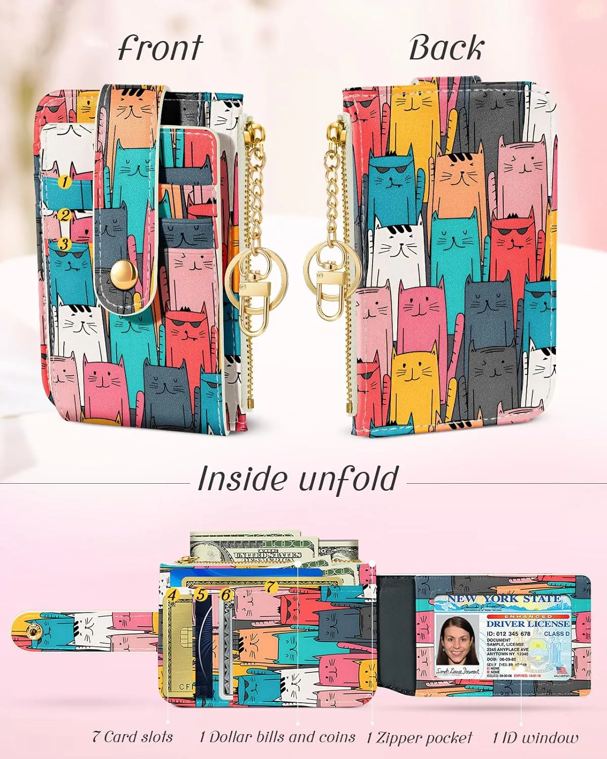 Bistup Credit Card Holder Wallet for Women Cute Small for Ladies Teen Girls Female Rfid Cats Leather Cardholder Wallets Organizer Purse Sunflower Girly Aesthetic Print Unique Zipper