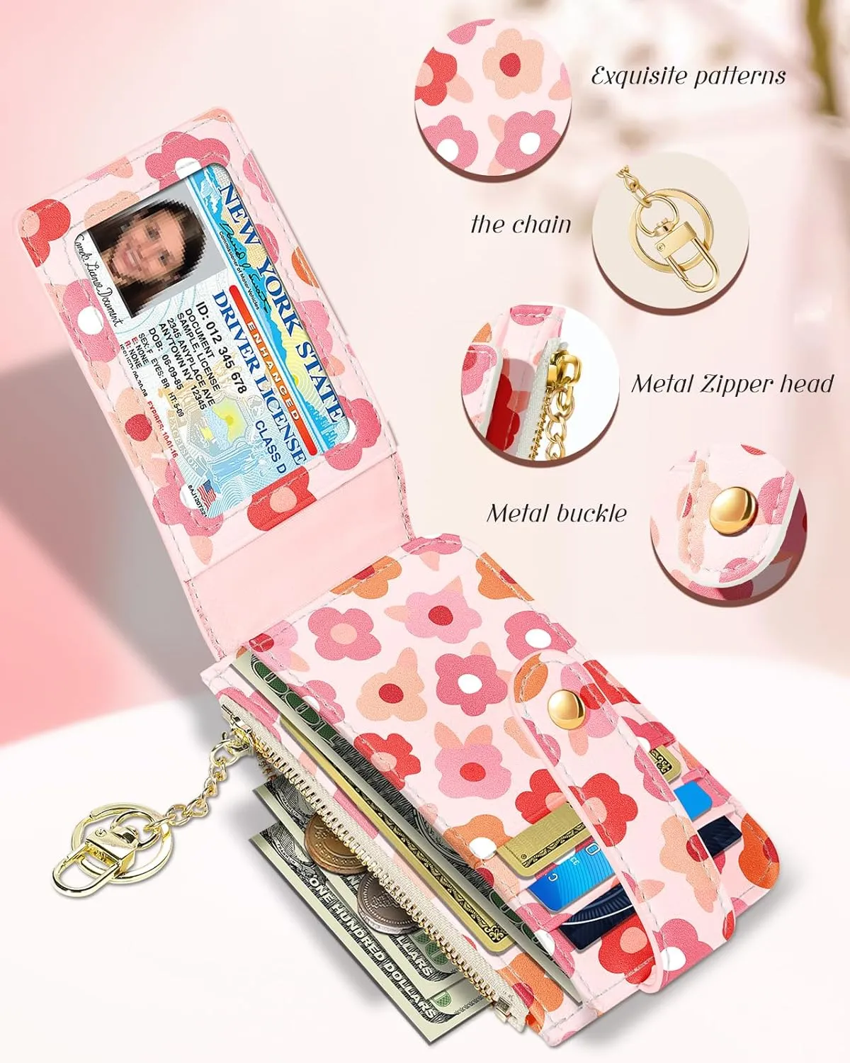 Bistup Credit Card Holder Wallet for Women - Cute Small for Ladies Teen Girls Female Rfid Floral Flower Leather Cardholder Wallets Organizer Purse Girly Aesthetic Print Unique Zipper