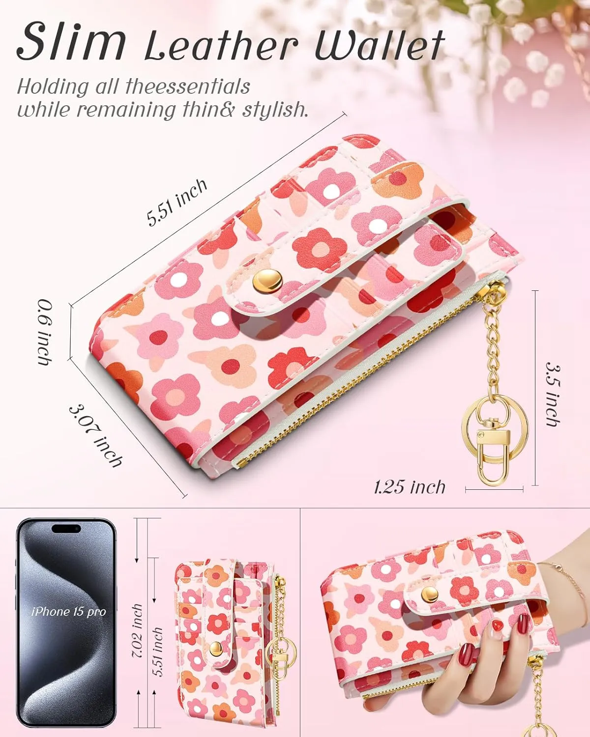 Bistup Credit Card Holder Wallet for Women - Cute Small for Ladies Teen Girls Female Rfid Floral Flower Leather Cardholder Wallets Organizer Purse Girly Aesthetic Print Unique Zipper
