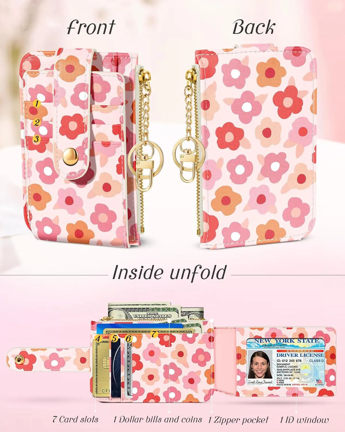 Bistup Credit Card Holder Wallet for Women - Cute Small for Ladies Teen Girls Female Rfid Floral Flower Leather Cardholder Wallets Organizer Purse Girly Aesthetic Print Unique Zipper