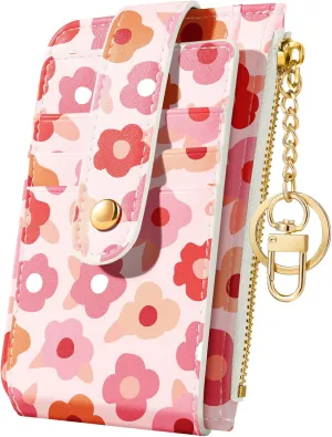 Bistup Credit Card Holder Wallet for Women - Cute Small for Ladies Teen Girls Female Rfid Floral Flower Leather Cardholder Wallets Organizer Purse Girly Aesthetic Print Unique Zipper