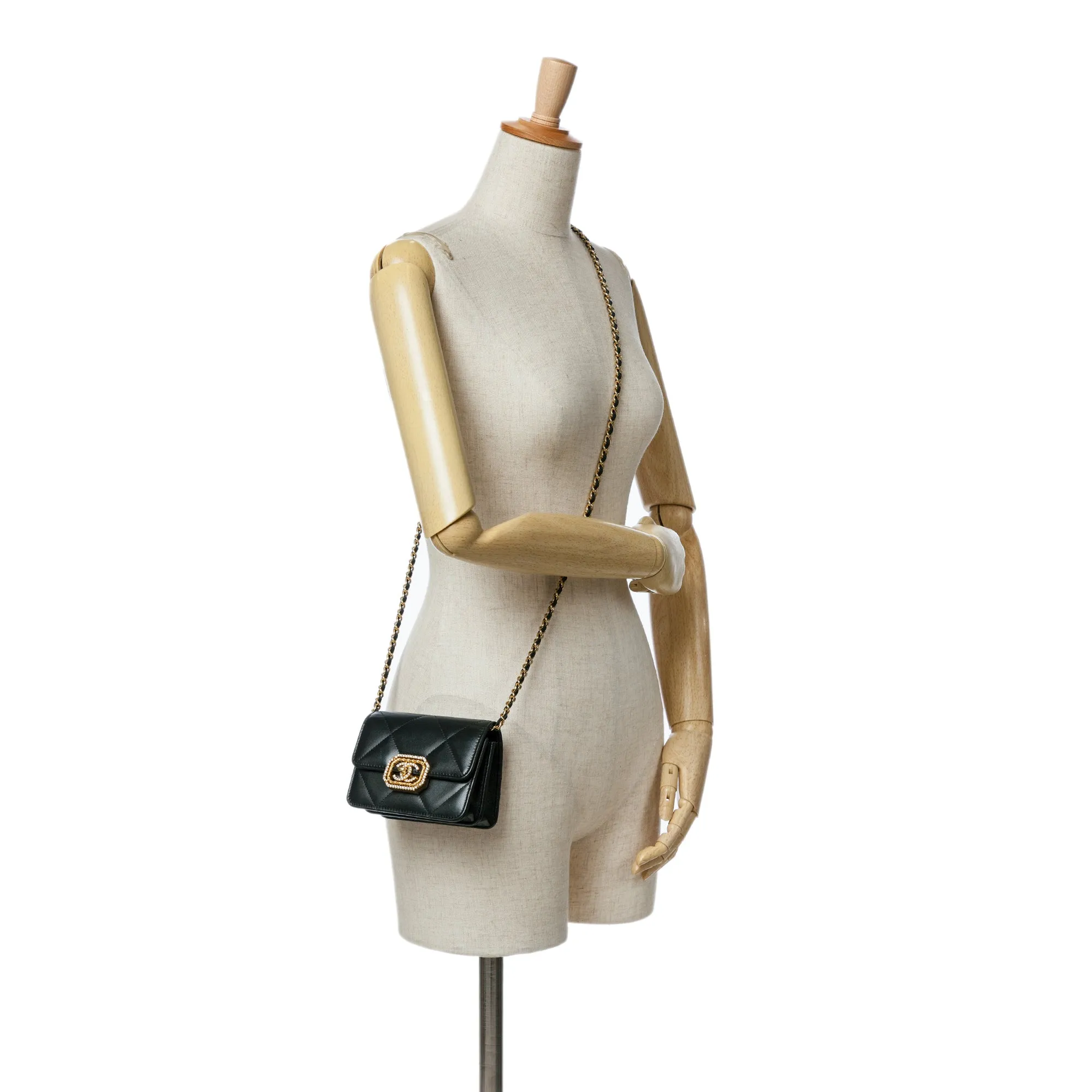 Black Chanel Quilted Calfskin Strass Card Holder On Chain Crossbody Bag
