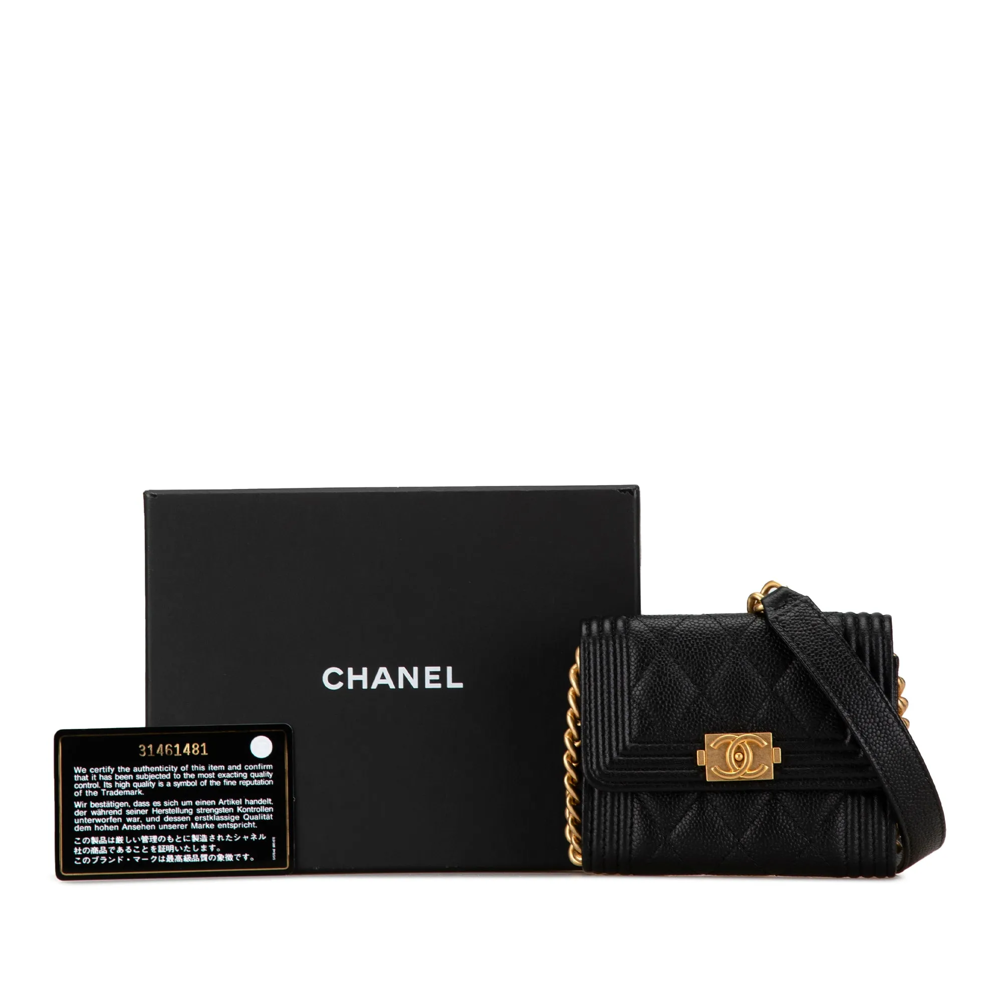 Black Chanel Quilted Caviar Boy Card Holder with Chain Crossbody Bag