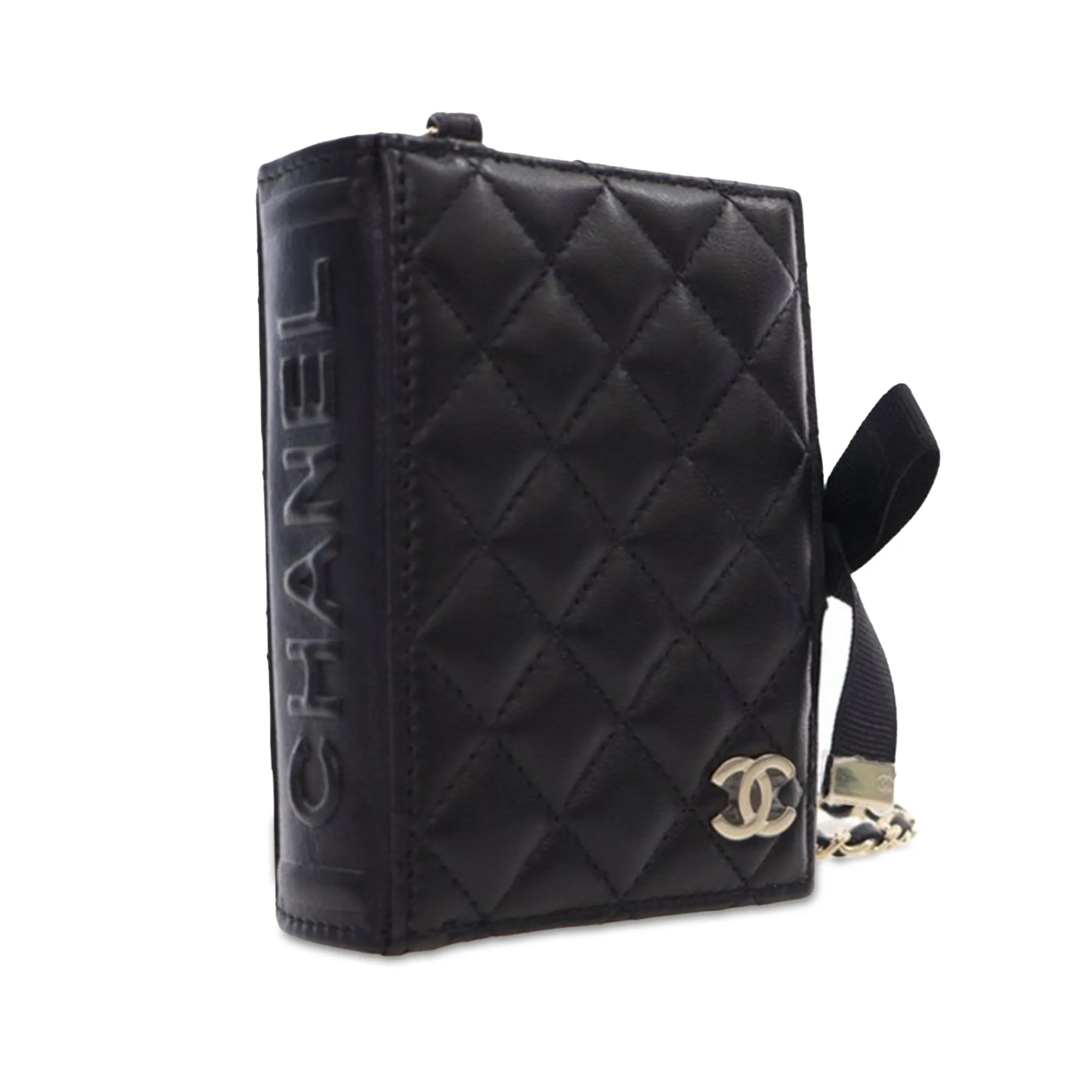 Black Chanel Quilted Lambskin Book Card Holder On Chain Crossbody Bag