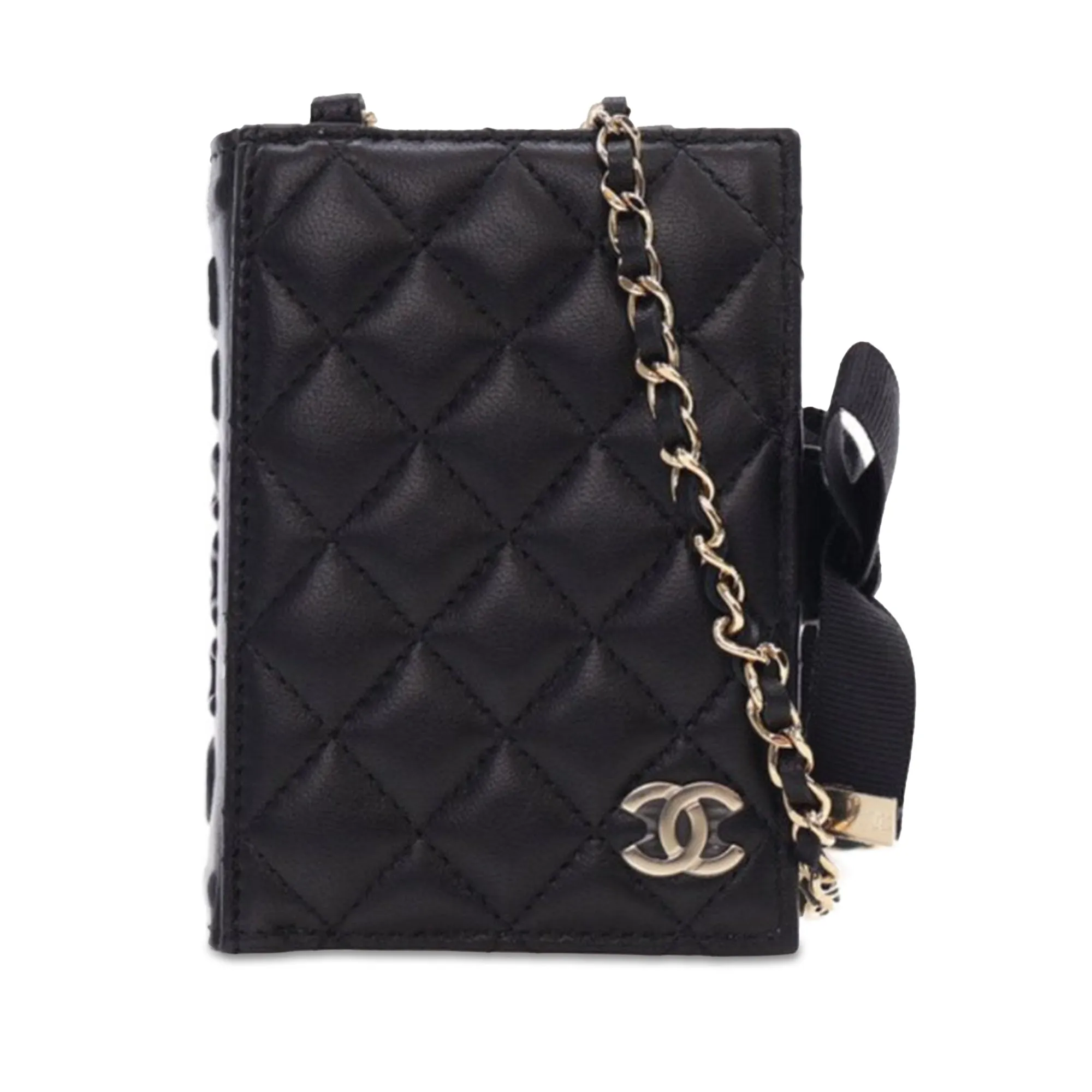 Black Chanel Quilted Lambskin Book Card Holder On Chain Crossbody Bag