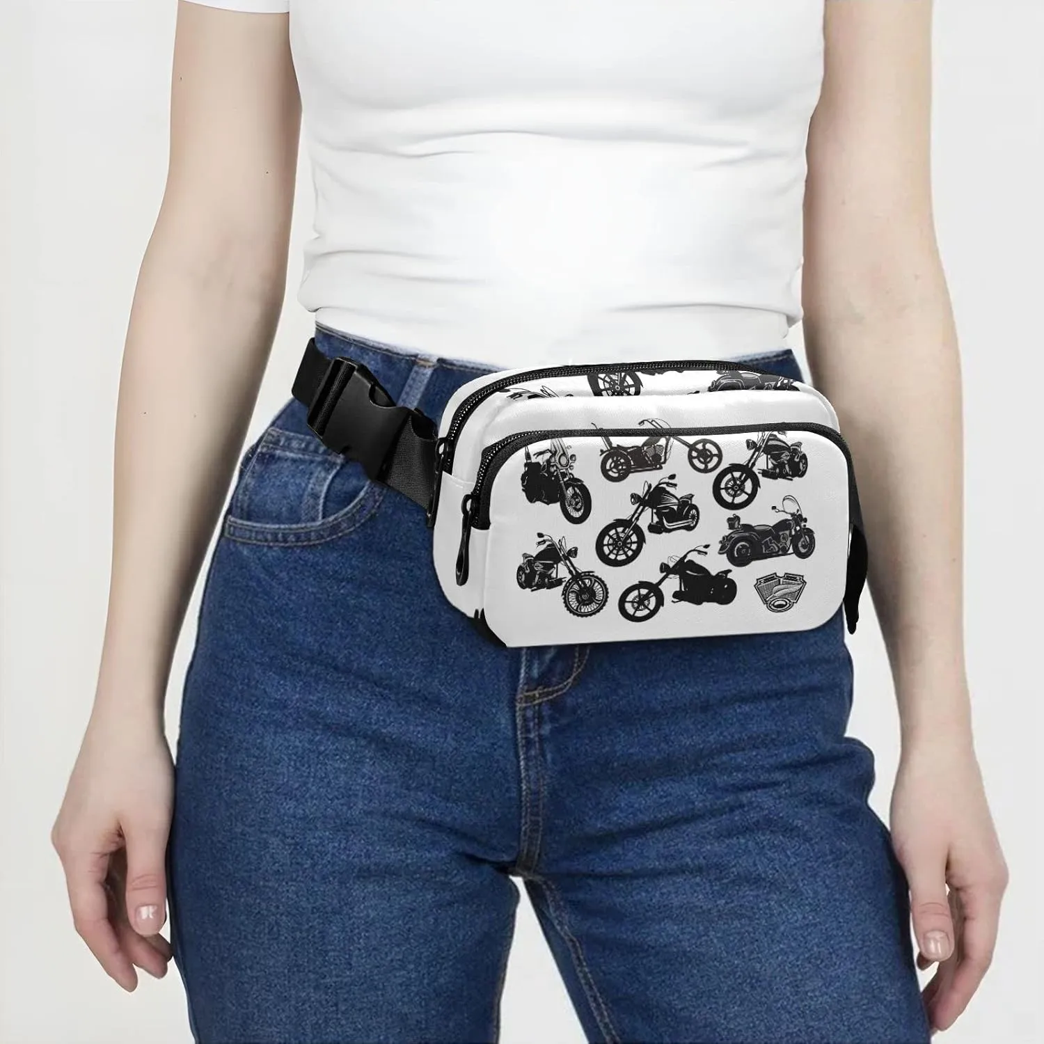 Black Motorcycle Silhouette Set from Different Perspectives Adjustable Belt Running Bag, Crossbody Fanny Pack Waist Runners Bag Tote for Women Men Sports Hiking Fitness Exercise Gym Pouch